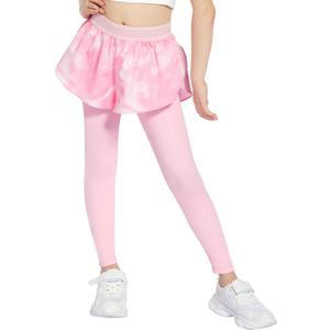 JiAmy 2 in 1 Girls Leggings with Skirt High Waisted Tennis Athletic Flowy Skort Legging for Kids (5-6 Years, Z-pink)
