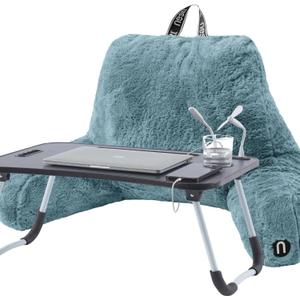 Nestl Fur Reading Pillow with Laptop Lap Desk, Stylish Back Pillow for Sitting Up, Lap Desk with Reading Pillows for Sitting in Bed Adult & Kids, Faux Fur Chair Pillow with Arms - Stone Blue