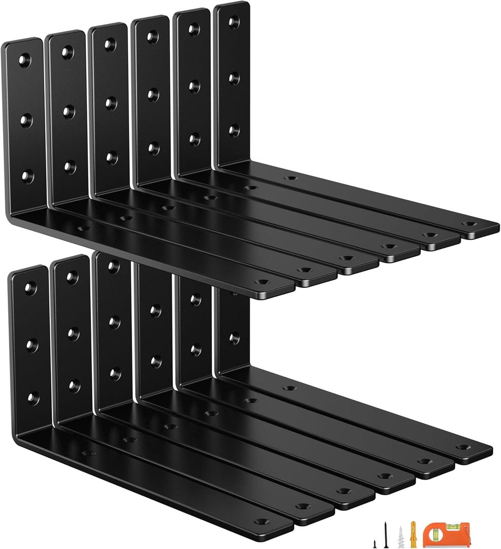 12-Pack 12 Inch Heavy Duty Shelf Brackets, Premium Floating L Bracket for Wall, Kitchen, Mantel Shelves Support | Quarter Inch (1/4") Thick | Black Powder Coated Steel