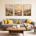 LHIUEM Large Boho Sunset Wildflower Framed Canvas Wall Art,Nature Pink Flower Wall Decor,Blossom Botanical Mountain Landscape Artwork for Living Room,Bedroom,Dining Room,Office -16"x24"x3