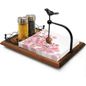 Elegant Flat Wooden Napkin Holder with Bird Design, Multifunctional Napkin Holder for Table, Kitchen, Outdoor Use Walnut Brown Wood Base Includes Space for Salt and Pepper Shakers