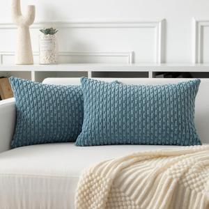 Kevin Textile Throw Pillow Covers Soft Corduroy Decorative Set of 2 Boho Striped Pillow Covers Pillowcases Farmhouse Home Decor for Couch Bed Sofa Living Room 12x20 Inch Blue Grey