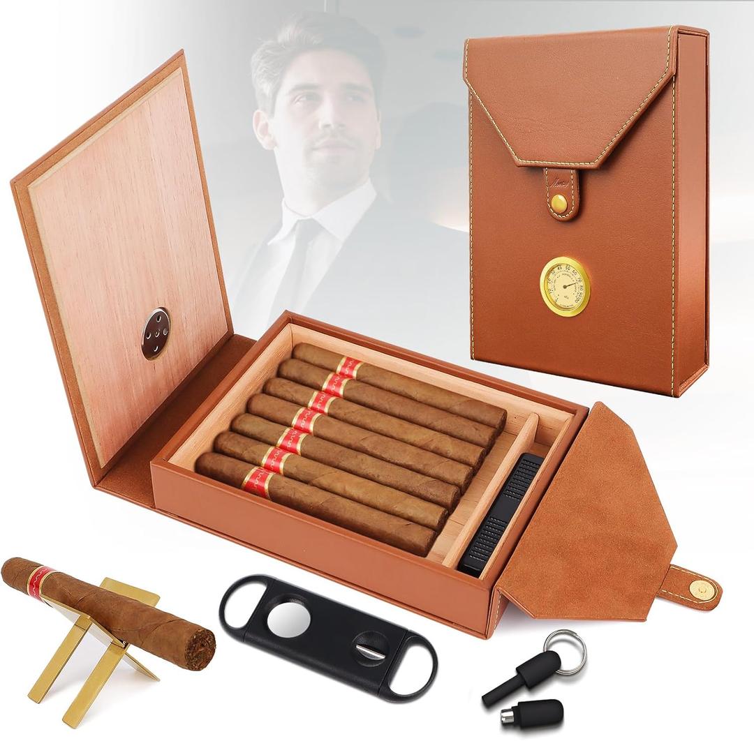 Premium Leather Cigar Humidor Set - Cedar Wood Liner, with Gold Cigar Holder, Embedded Gold Hygrometer, V Cigar Cutter & Punch, Humidifier, Precious Travel Cigar Case for Birthday Gift, Festival (Medium, Brown)