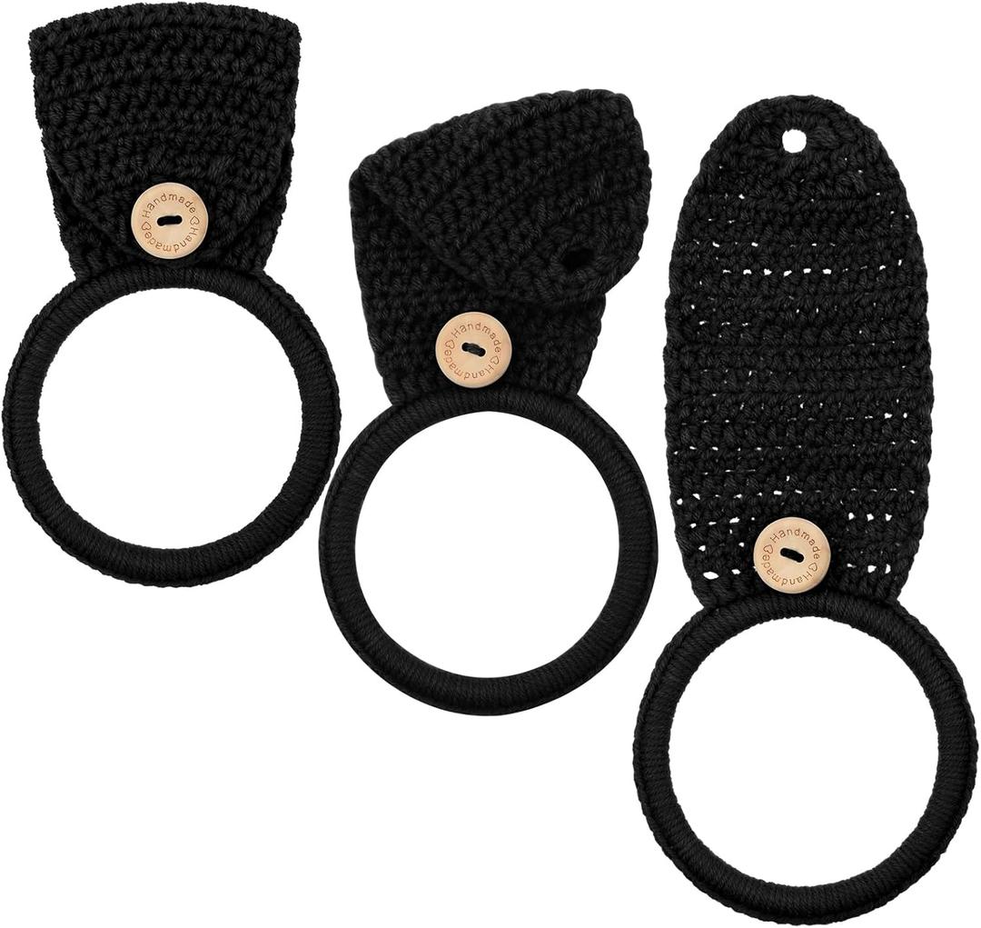 Tatuo 3 Pieces Crochet Towel Holder Hanging Kitchen Dish Towel Holder Ring Oven Handle Kitchen Bathroom Hanger for Stove(Black)