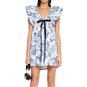 hibshaby Women's Floral Print Mini Dress V Neck Puff Sleeve Dress Short Babydoll Bow Dress, S