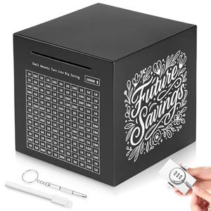 Honeydak Piggy Bank for Adult Password Stainless Steel 5.9 Inch Reusable Metal Money Saving Box with Combination Lock, 10000 Target Savings Challenge Metal Box with Counting for Cash Saving(Black)