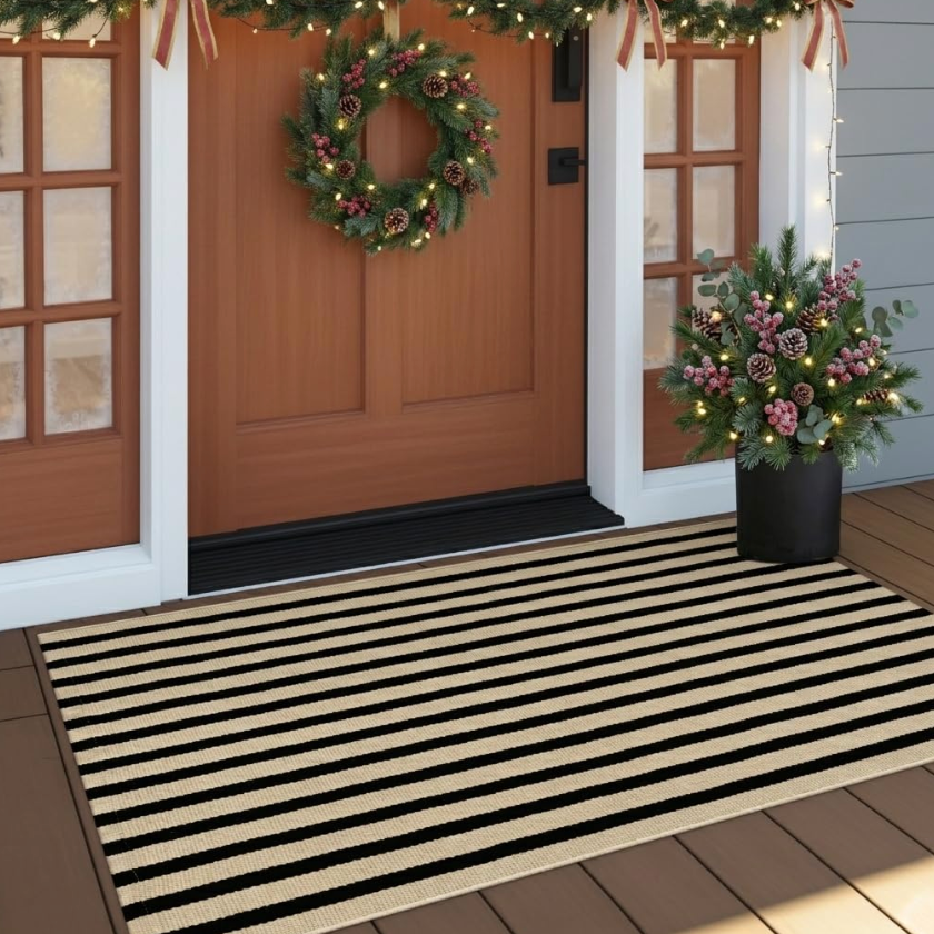 OJIA Outdoor Porch Rug Christmas Front Door Mat 24"x51", Black and Tan Rugs | Washable Striped Outdoor Rugs Front Door Rug Cotton Woven Welcome Mats Small Area Rugs for Entryway/Patio/Entrance Decor
