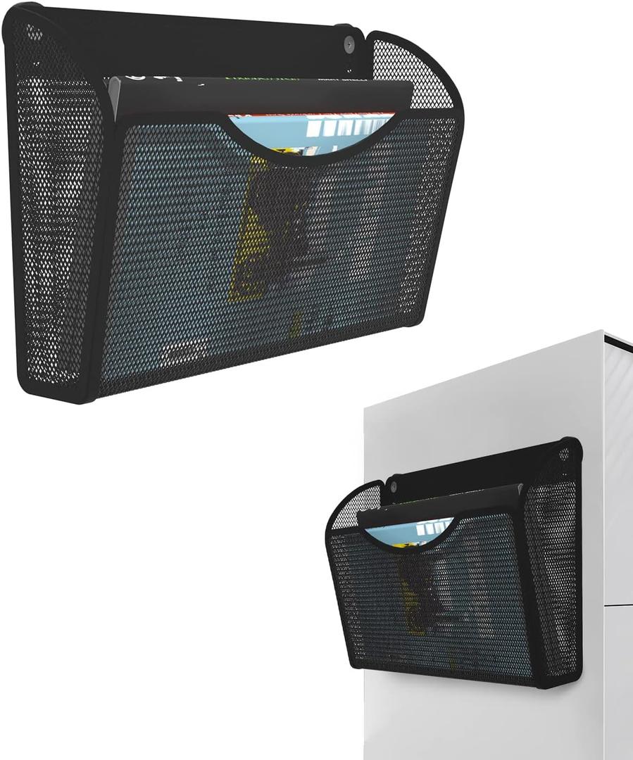 Vdamu 1-Tier Magnetic File Holder - No Drilling Installation File Organizer, Large Capacity Magnetic File Holder for Refrigerator, File Cabinets, Whiteboard, Office, Kitchen (Black)