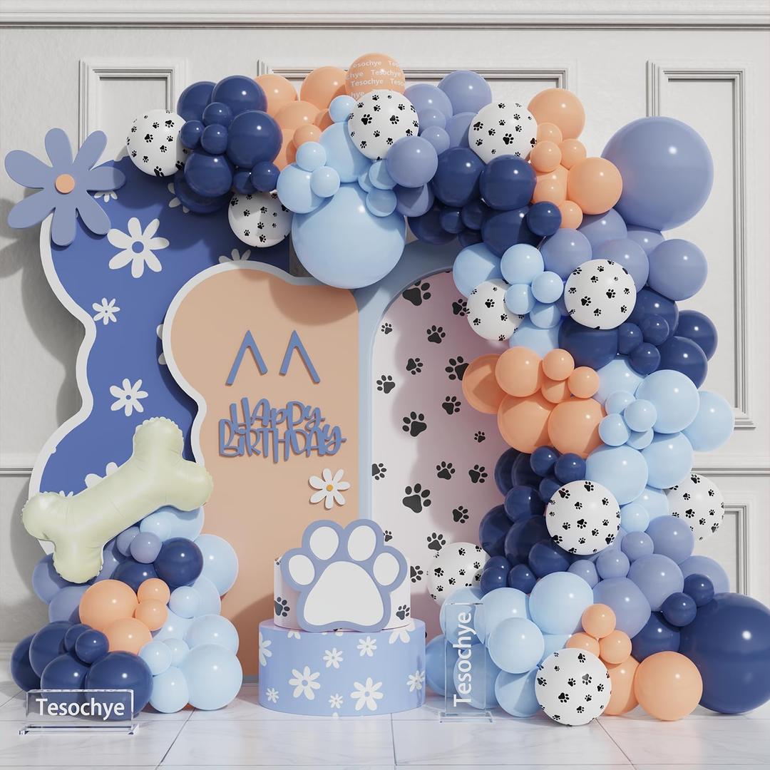 147 Pcs Blue Balloons Arch Garland Kit,Dog Paw Birthday Party Decorations, Haze Gray Nude Navy Blue Balloons with Bone Foil Balloons for Boys Girls Baby Shower Puppy Party Supplies