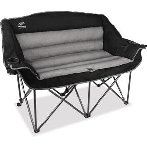 Fully Padded Folding Double Camping Chairs,Comfy Oversized Loveseat Lawn Chair w/Wine Glass Holder,Cup Holder,Heavy Duty Outdoor Portable Camp Couch Support 600 Lbs,Black