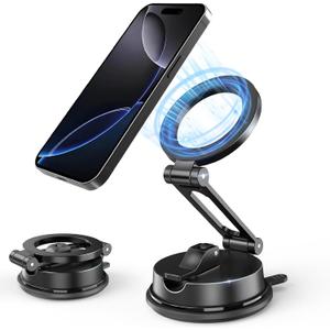 Foldable Magnetic Phone Holder for Car, 360Rotation Cell Phone Car Mount with Strong Stable Suction, Car Phone Holder for MagSafe Compatible with iPhone 17 Pro Max 16 15 14 13 12 Plus