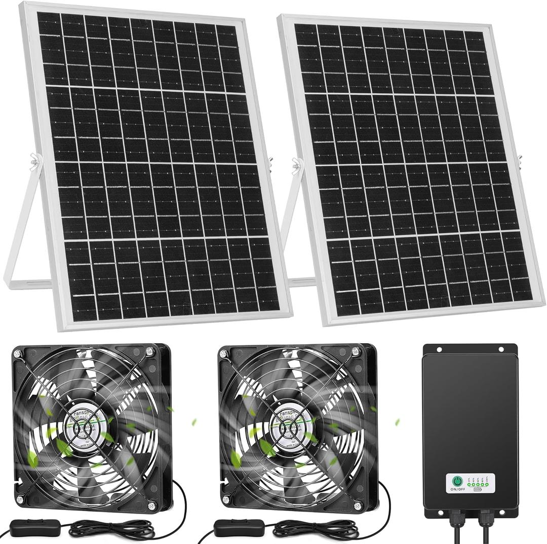 Solar Rechargeable Dual Fans with 66.6Wh 20000mAh Battery Backup, 50W Solar Powered 5.5" Bigger Fan for Intake or Exhaust Air, Ventilation Cooling for Outside Space