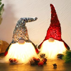 Juegoal 12" Lighted Christmas Gnome, Handmade Sequins Hat Scandinavian Swedish Tomte, Light Up Elf Holiday Present, Battery Operated Winter Tabletop Christmas Decorations, 2 Set