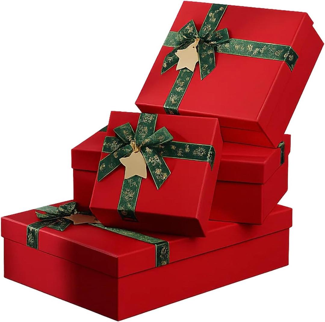 Krdrgey 4-Pack Christmas Gift Boxes with Lids, Golden Ribbons, Red and Green, 4 Sizes Boxes for Holiday Gifting, Party Favors, Treats, and Hostess Decor 