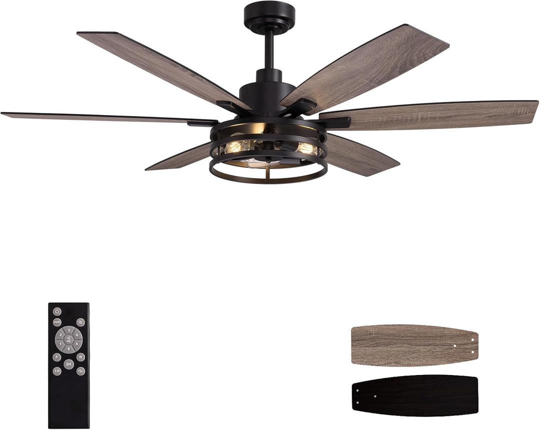60 Inch Ceiling Fans with Lights and Remote Control, Farmhouse Ceiling Fan for Bedroom Living Room and Patio, Black Caged Ceiling Fan for Indoor and Outdoor