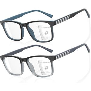 DEHOTRE 2 Pack Progressive Multifocus Reading Glasses Men Unbreakable TR90 Frame Temple Large Size Readers with Metal Inlays (Black+blue)
