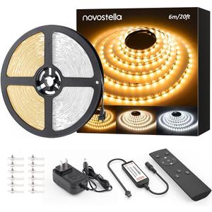 NOVOSTELLA 20ft Tunable White LED Strip Light Kit Dimmable 3000K-6500K 24V Tape Light with RF Remote Flexible Rope LED Ribbon for Bedroom Home Lighting Mirror Kitchen Bar Cabinet Daylight Warm White (20ft (Non-waterproof))