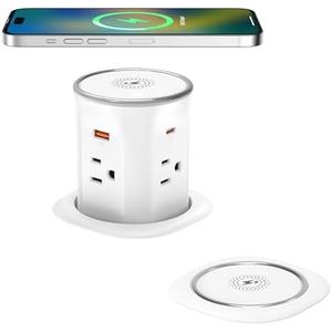 Jgstkcity Pop Up Countertop Outlet with 15W Wireless Charger,20W USB C Ports,Flush Mount Tamper Resistant,Recessed Grommet Receptacle,4 USB 4 Outlets,15A,1875W,ETL Listed,3.15in Hole,White