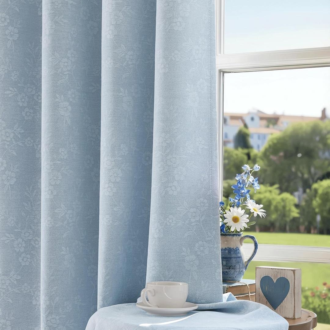 Beauoop Blue Floral Jacquard Blackout Curtains 84 Inches Long 2 Panels for Living Room Bedroom Chenille Flower Room Darkening Thermal Insulated Soundproof Grommet Window Drapes, 52x84 Set of 2
