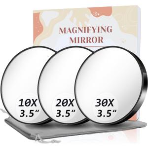 Magnifying Mirror, 10X & 20X & 30X Set, Magnified Mirrors 3.5" with Two Suction Cups, Travel Magnifying Mirror Set Comes with Portable Storage Bag, Compact Small Magnified Mirrors for Travel(Black)