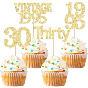 2 x Gyufise 24Pcs Happy 30th Birthday Cupcake Toppers Glitter Thirty 30 Fabulous Vintage 1995 Cupcake Picks for 30th Birthday Wedding Anniversary Party Cake Decorations Supplies Gold