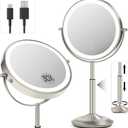 vpu Makeup Mirror with Lights, 1X/30X Lighted Magnifying Mirror Height Adjustable, 3000mAh Rechargeable Double Sided Vanity Mirrors with 3 LED Lighting and Adjustable Brightness for Desk Women Gift (Brushed Nickel)