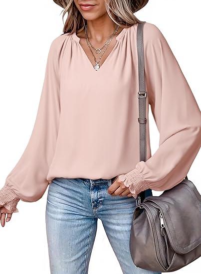 Dokotoo Blouses for Women Dressy Casual Flowy Boho Tops V Neck Long Sleeve Shirts Spring Outfits 2026, S, Beige