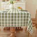 Gingham Tablecloth Rectangular, Tassels Checkered Table Cloth Washable Cotton Linen Plaid Table Cover for Spring Summer Kitchen Dining Party,Green and White,55x102