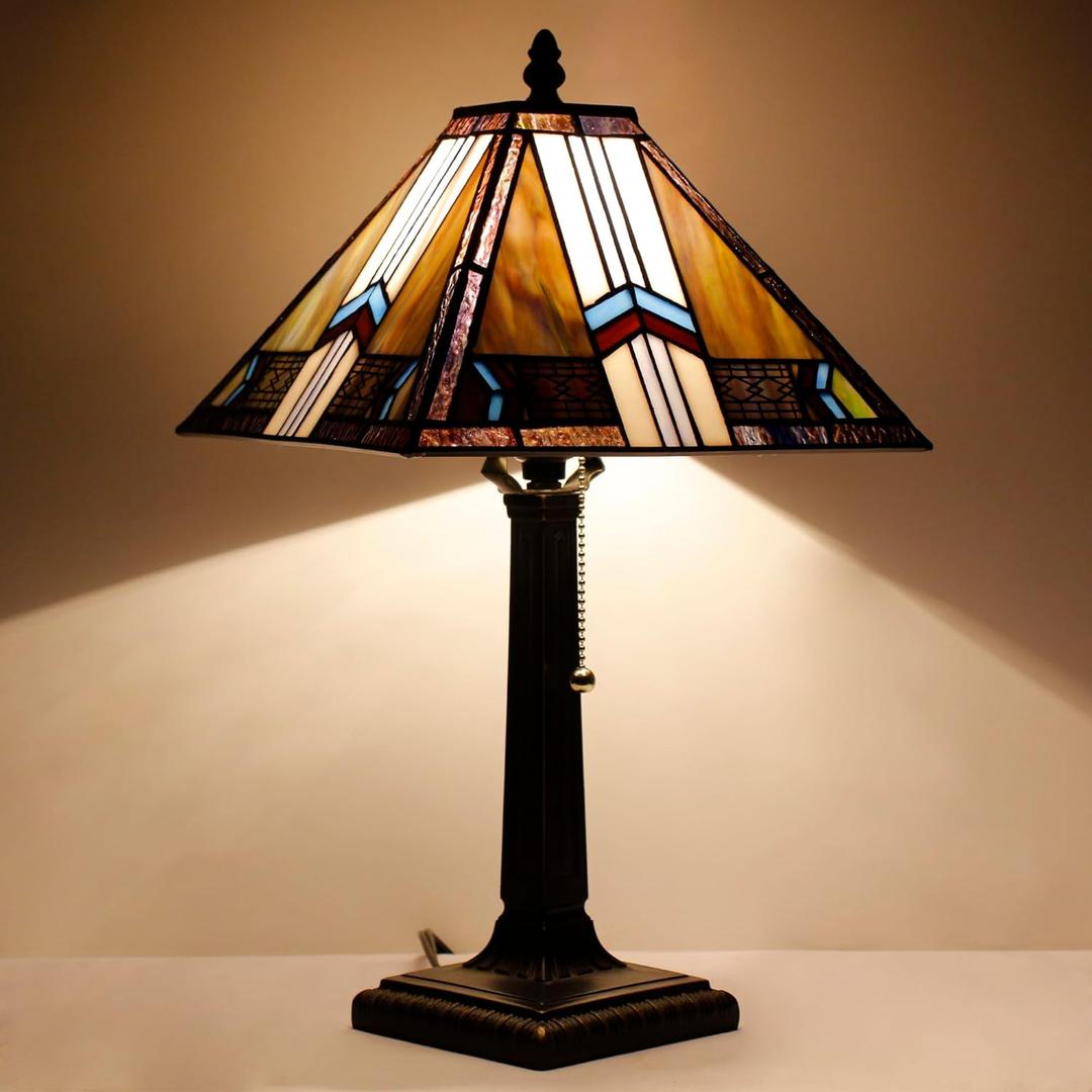 Tiffany Lamp Blue Cloudy Mission Style Stained Glass Table Lamp Desk Reading Light Wide 12 Inch Height 17 Inch with Resin Base Decor Bedroom Living Room
