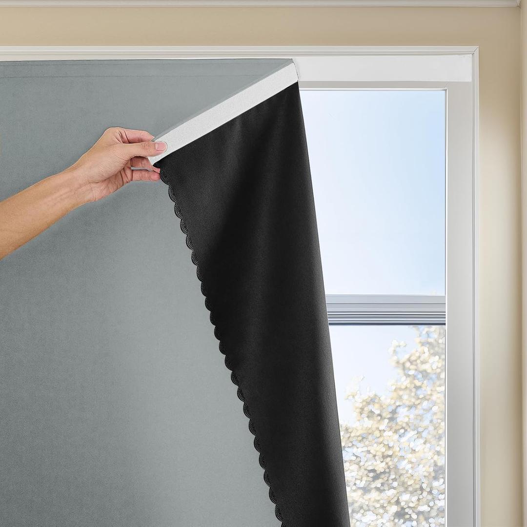 Magic Tape Stick on Portable Curtains for Windows,Bedroom Blackout Curtains for - Thermal Lnsulated No Drill Curtains Room Darkening Black Small Drapes(1 Panels,47Wx72L inch-Silver Gray)