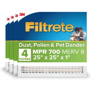 Filtrete 25x25x1 AC Furnace Air Filter, MPR 700, MERV 8, Tough on Pollen, Easy on Airflow, 3-Month Pleated 1-Inch Electrostatic Air Cleaning Filter, 4-Pack (Actual Size 24.81 x 24.81 x 0.81 in)