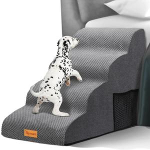 Topmart High Density Foam Dog Steps 4 Tiers,Extra Wide Deep Pet Steps,Non-Slip Dog Stairs Ramp for Bed,Soft Foam Cat Ladder,Best for Older Injured,Older Pets,Cats with Joint Pain (Grey)