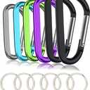 6PCS Black Carabiner Caribeaner Clip,3" Large Aluminum D Ring Shape Carabeaner with 6PCS Keyring Keychain Hook (Multi-color)