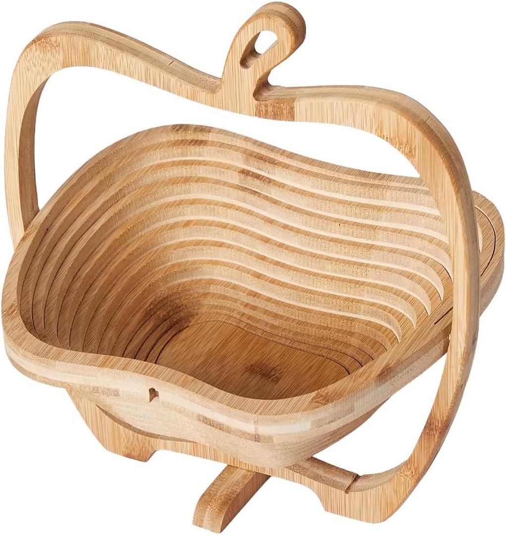 Foldable Bamboo Dried Fruit Basket Apple Shaped Collapsible Bread Nuts Baskets Candy Gifts Fruit Bowl Holder Wooden Snack Box for Kitchen Table