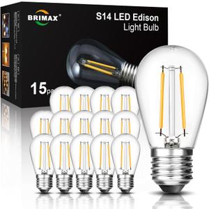 BRIMAX 2w S14 Led Edison Light Bulbs Outdoor 11w Incandescent Filament Bulb Replacement 2700K Bright Warm White Dimmable, E26 Base Durable Led Bulb for Outdoor Patio String Light,15pack