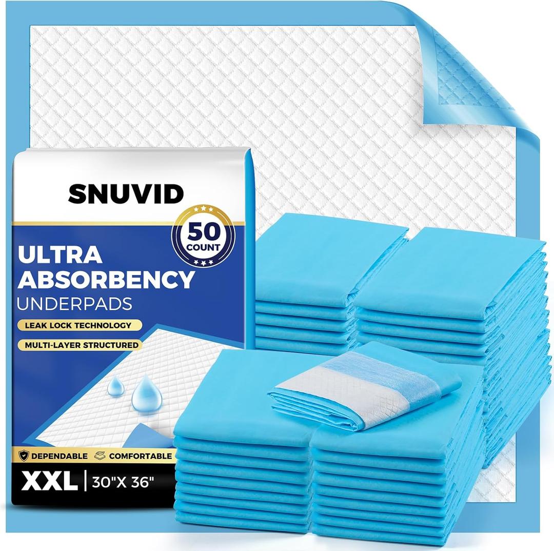 Super Absorbent Disposable Underpads - XXL (30" x 36") Leakproof Bed Pads | Quick-Dry, Ultra Thick for Heavy Incontinence | Chux Pads for Adults, Seniors, Kids, Baby & Pets - 50 Pack