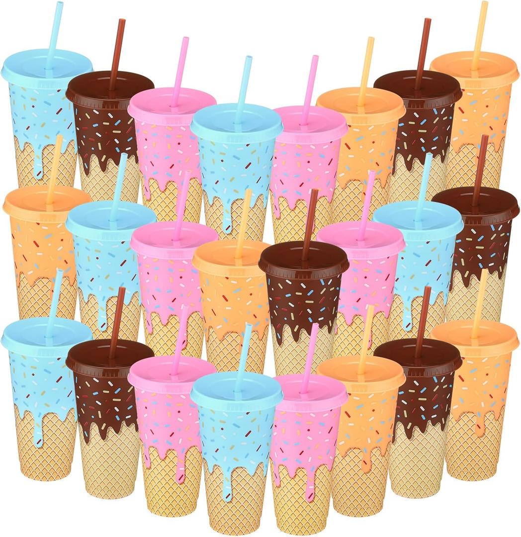Yungyan 24 Pcs Ice Cream Drip Party Favors Ice Cream Party Decorations Cone Cups with Lid and Straw 24 oz for Summer Birthday Supplies