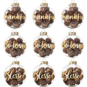 DN DECONATION Christmas Decor Tree Ornaments, 3.15" Glass Hanging Balls with Nature Pinecones for Farmhouse Rustic Fall Autumn Thanksgiving Christmas Decorations Indoor Home Decor (Gold and Blown12pcs)