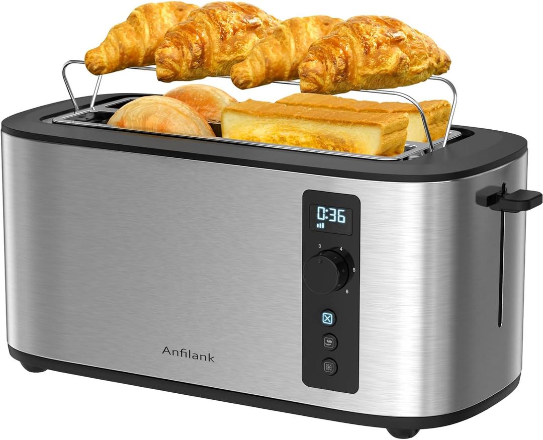 Toaster 4 Slice Long Extra Wide Slot 1.5" with Countdown Timer, 6 Browning Settings, Built-in Warming Rack, Bagel/Cancel/Defrost Functions, Removable Crumb Tray-Stainless Steel