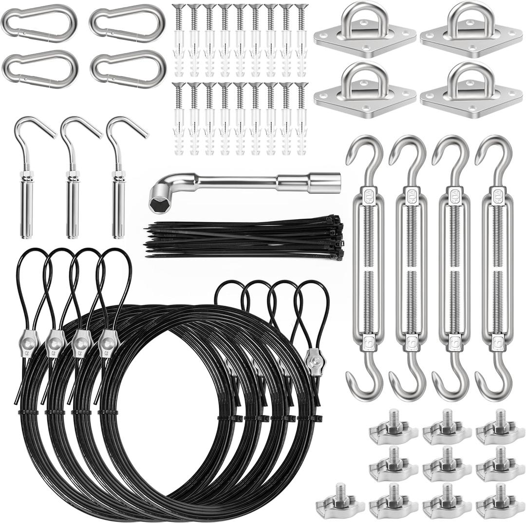 4 PCS 10ft Sun Shade Sail Hardware Kit, 304 Stainless Steel Cable Wire with Nylon Coating - for Rectangle Triangle Square Shade Sail Installation, Outdoor Garden Patio