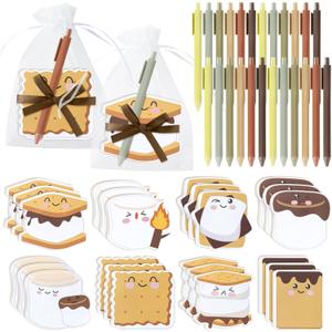 CJiangpo 24 Pack Marshmallow Sticky Note Pad with Pen Gift Set, Cute Self Stick Notepad Memo Pads Ballpoint Pens with Organza Bags, Funny Classroom Rewards Camping Themed Party Favor Gift for Kids