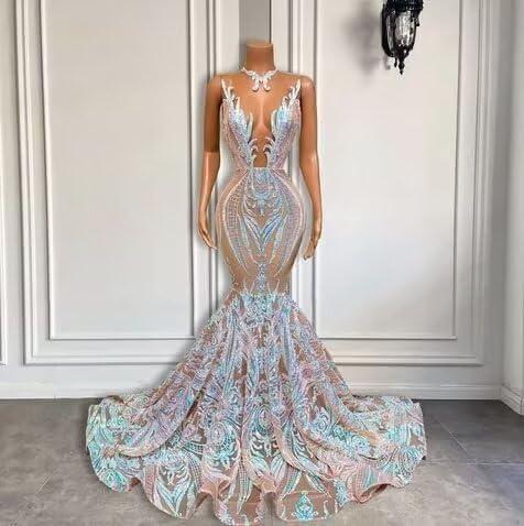 O-Neck Sparkly Sequine Mermaid Long Prom Gown Sleeveless Chapel Train Evening Shower Party Dress, Size 18