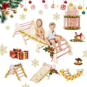 Pikler Triangle Set, 7-in-1 Foldable Climbing Toys Indoor, Wooden Playground Jungle Gym with Arch & Ramp & Ladder, Montessoris Kids' Indoor Climbers Activity Center for Boy Girl Gift (Pink-cat)