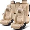 Car Seat Covers Full Set, Breathable Leather Automotive Front and Rear Seat Covers & Headrest, Universal Automotive Vehicle Seat Cover for Most Sedan SUV Pick-up Trucks, Beige