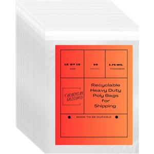 Heavy Duty Poly Bags for Shipping, 12 by 15 Mailer Bags, Home Storage. Clear, Durable, Tear Resistant, 100% Safe PE, Flexible, Can Be Recycled, Suffocation Warning in 3 Languages, 50 count (One Size)