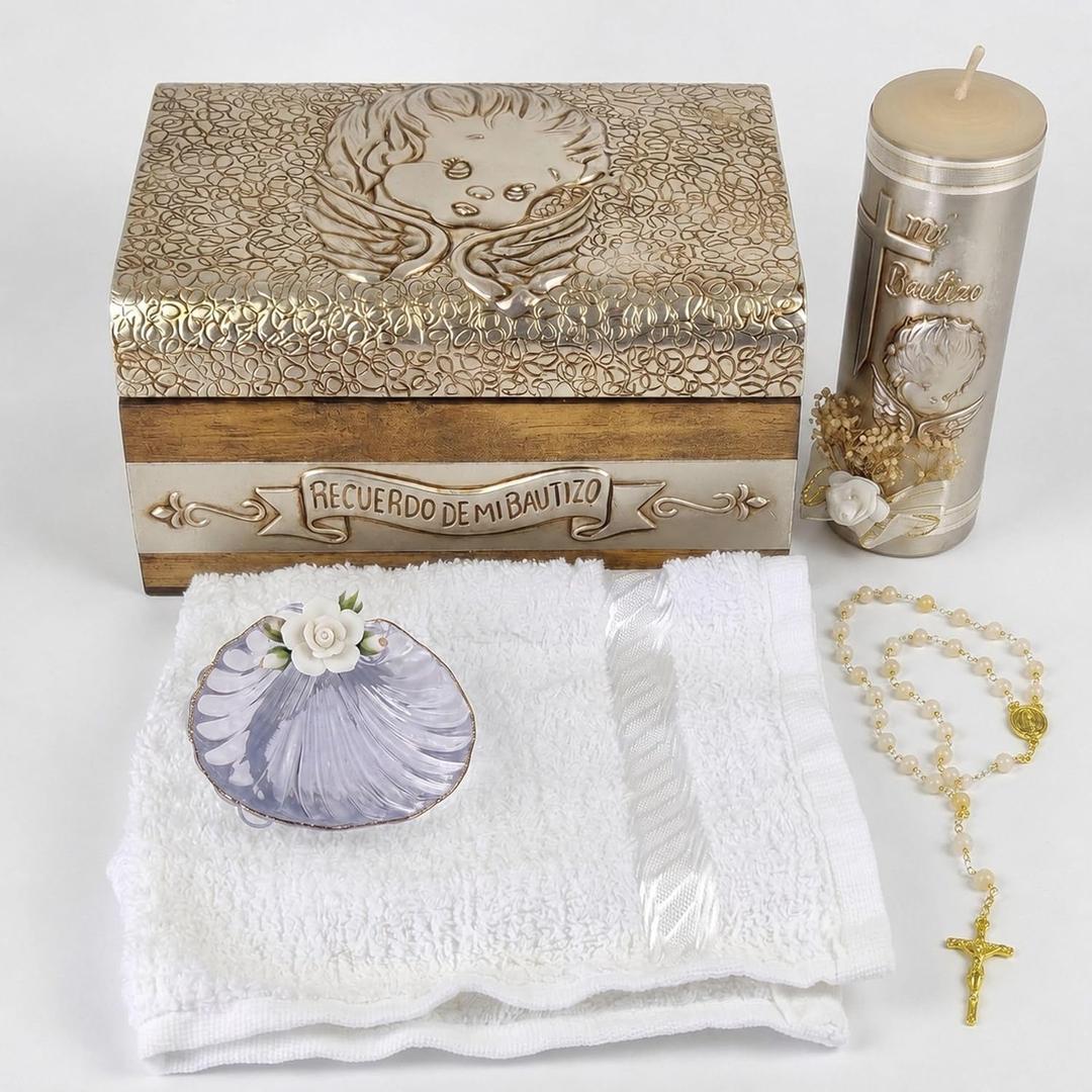 Baptism Candle Set in Premium Decoration Box with Towel, Rosary and Shell Included - Velas para bautizo Recuerdos de bautizo - Baptism kit Catholic with Candle for Party Favor