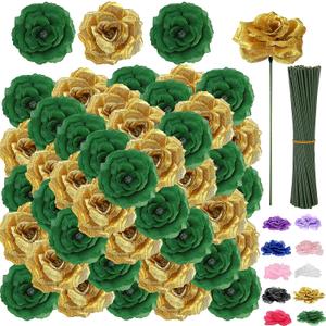 108pcs Roses Head Flowers with Stem - Emerald Green Gold Artificial Flowers Rose Bulk - Silk Rose Fake Flower for Wedding Bouquet Decor DIY Baby Shower Centerpieces St Patrick's Day Decoration