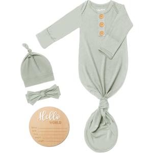 Soft Baby Knot Gown 0-3 Months, Newborn Announcement Sleepers With Mitten Cuffs and Personalized Wooden Name Tag (Pale Teal Green) Newborn