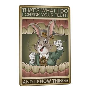 Rabbit Dentist Retro Poster 8X12IN "I Check Teeth & Know Things" Vintage Clinic Wall Decor for Dental Office & Animal Humor Gifts