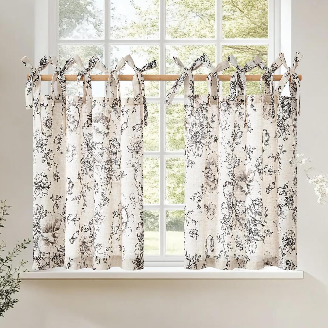 jinchan Floral Linen Tier Curtains 24 Inch Farmhouse Cafe Curtains Tie Top Botanic Drapes for Small Windows Over Sink for Kitchen Country Rustic Laundry Room Bathroom RV 2 Panels Black on Beige